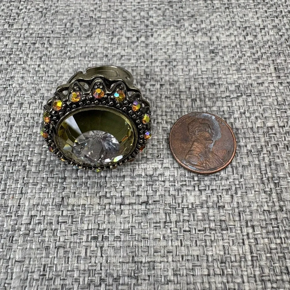 Vintage Style Large Yellow Glass Statement Ring AB Rhinestones Antique Gold Tone